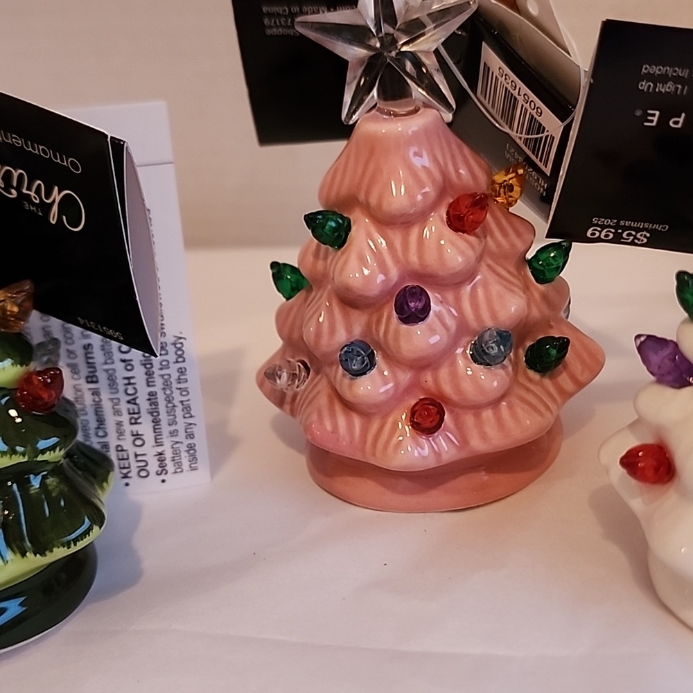 Christmas Tree Ceramic Ornaments with Star Top - Green, Pink, White - Picture 4 of 8